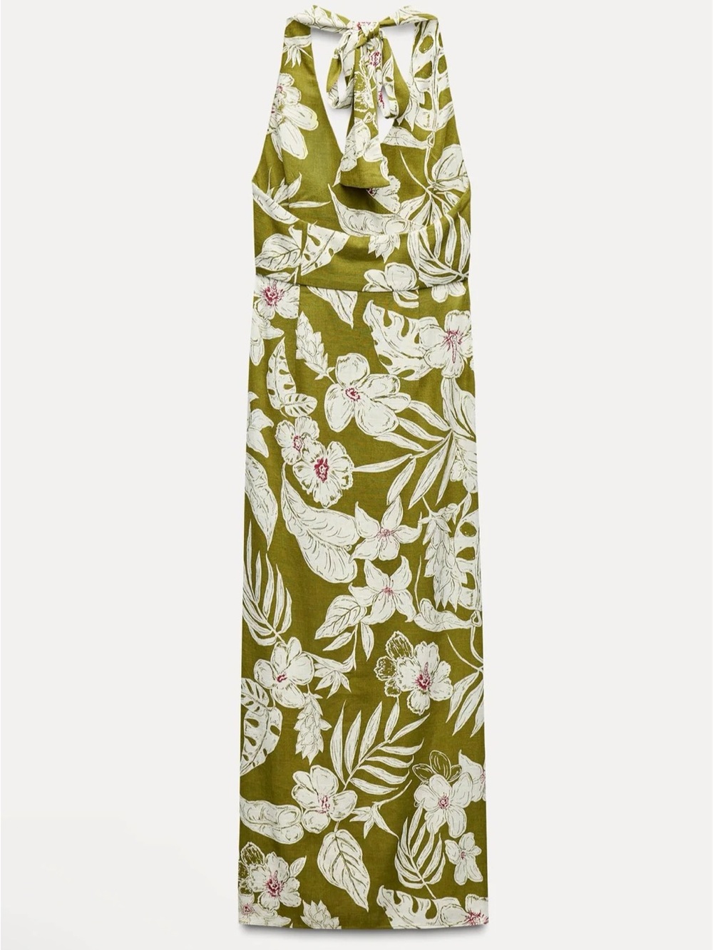Zara Olive Green Floral Halter Maxi Dress